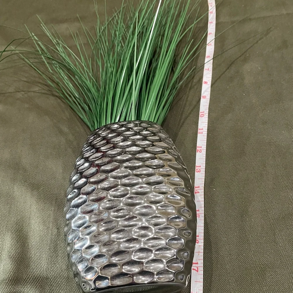 Elegant Silver Vase with Green Artificial Grass
